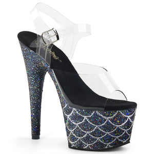 ADORE-708MSLG Sexy 7" Heel Clear Black Glitter Dancer Shoe