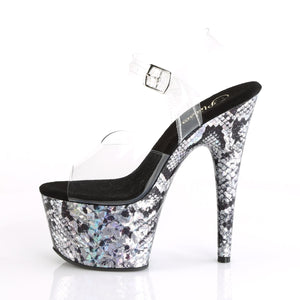 ADORE-708SP 7 Inch Heel Clear Silver Snake Print Sandals