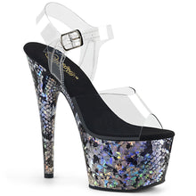 Load image into Gallery viewer, ADORE-708SP 7 Inch Heel Clear Silver Snake Print Sandals