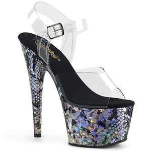 ADORE-708SP 7 Inch Heel Clear Silver Snake Print Sandals