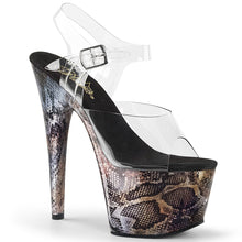 Load image into Gallery viewer, ADORE-708SP Pleaser 7&quot; Heel Clear Tan Snake Strippers Sandal