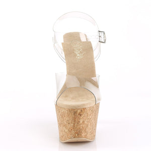 BEAU-608 Pleasers 6.5" Heel Clear and Tan Pole Dancer Wedges