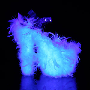 FLAMINGO-808F 8" Heel Clear Neon White Marabou Feather Shoes