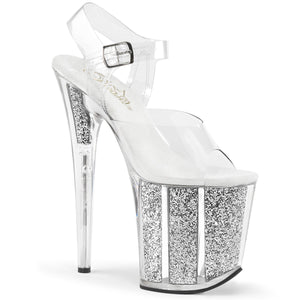 FLAMINGO-808G 8" Heel Clear Silver Glitter Strippers Shoes