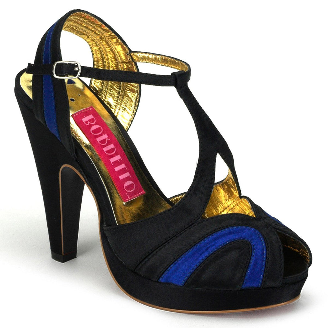 GIGGLE-02 Bordello Sexy Shoes Burlesque Dolly Shoes Black-Blue Satin