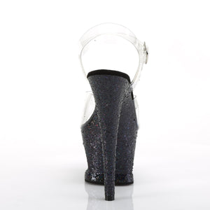 MOON-708LG Pleaser 7" Heel Clear Black Glitter Pole Shoes