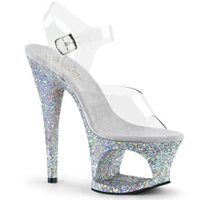 Load image into Gallery viewer, MOON-708LG Pleaser 7&quot; Heel Clear Silver Multi Glitter Shoes