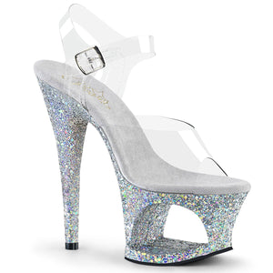 MOON-708LG Pleaser 7" Heel Clear Silver Multi Glitter Shoes