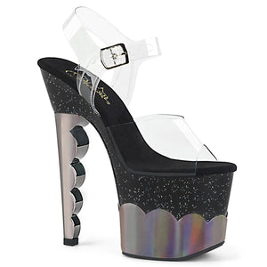 SCALLOP-708-2HGM 7" Heel Clear Black Pewter Stripper Shoes