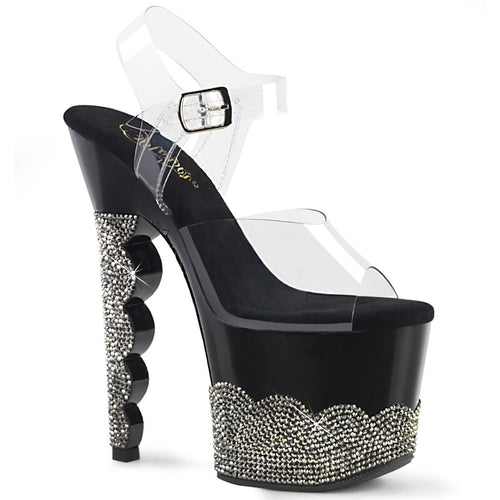 SCALLOP-708-2RS Heels Clear Black Pewter Bling Stripper Shoe