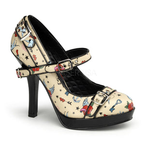 SECRET-14 Pin Up Heel Cream Pu (Tattoo Print) Sexy Platforms