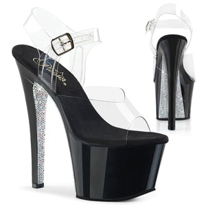 SKY-308CRS 7" Heel Clear & Black Silver Pole Dancer Sandals