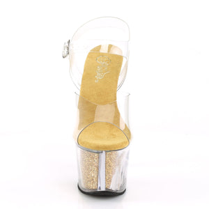 SKY-308G-T 7" Heel Clear & Gold Glitter Pole Dancer Shoes