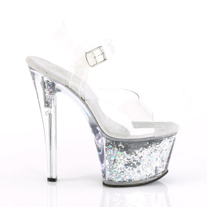 SKY-308GF Pleaser 7" Heel Clear Silver Glitter Stripper Shoe