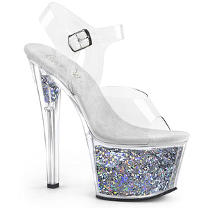 SKY-308GF Pleaser 7" Heel Clear Silver Glitter Stripper Shoe