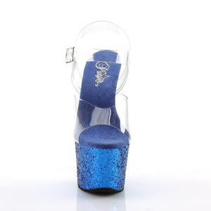 SKY-308LG 7" Heel Clear and Blue Glitter Pole Dancer Shoes