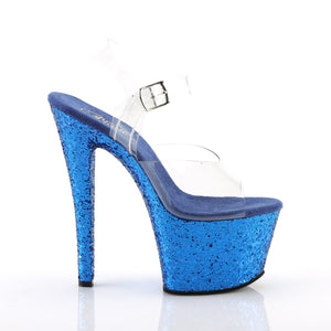 SKY-308LG 7" Heel Clear and Blue Glitter Pole Dancer Shoes