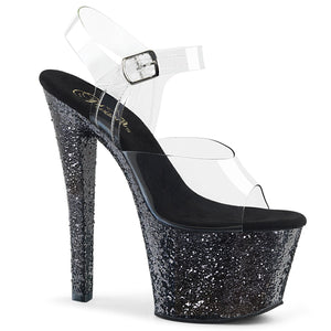 SKY-308LG 7" Heel Clear & Black Glitter Pole Dancer Shoes