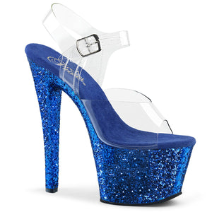 SKY-308LG 7" Heel Clear and Blue Glitter Pole Dancer Shoes