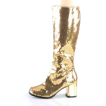 Load image into Gallery viewer, SPECTACUL-300SQ Bordello Burlesque 3&quot; Heel Gold Sequin Boots