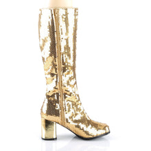 Load image into Gallery viewer, SPECTACUL-300SQ Bordello Burlesque 3&quot; Heel Gold Sequin Boots