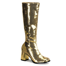 Load image into Gallery viewer, SPECTACUL-300SQ Bordello Burlesque 3&quot; Heel Gold Sequin Boots